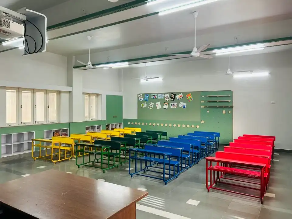 JH Ambani School interiors, school interior design project, K9 Interiors education project, classroom interior design India, CBSE school interiors, institutional interior solutions, K9 Interiors portfolio, school infrastructure design