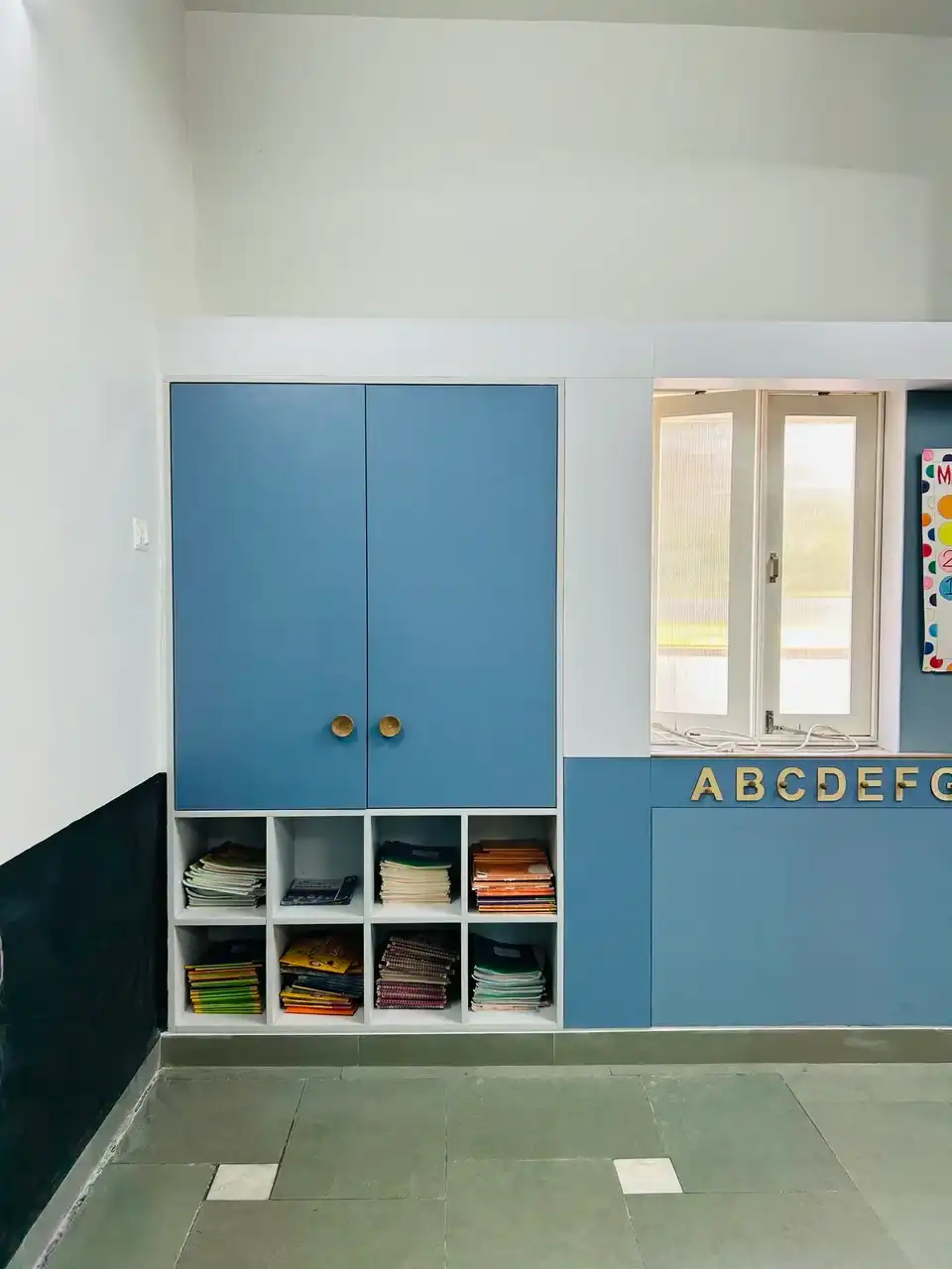 JH Ambani School interiors, school interior design project, K9 Interiors education project, classroom interior design India, CBSE school interiors, institutional interior solutions, K9 Interiors portfolio, school infrastructure design