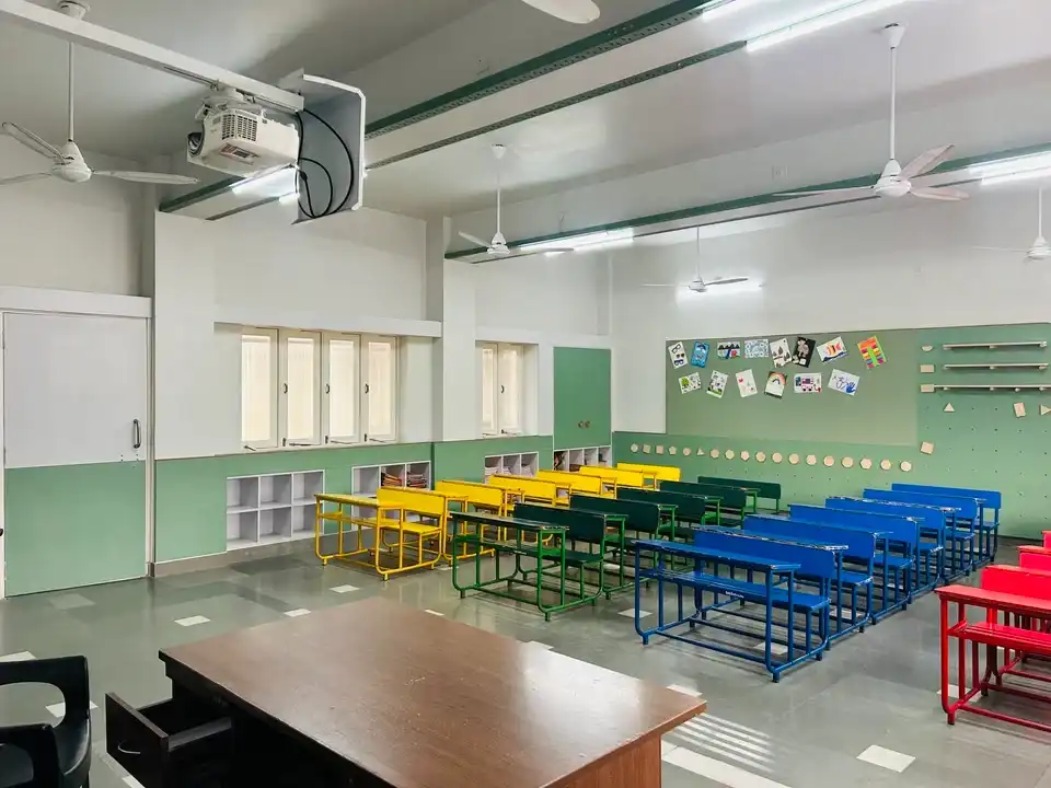 JH Ambani School interiors, school interior design project, K9 Interiors education project, classroom interior design India, CBSE school interiors, institutional interior solutions, K9 Interiors portfolio, school infrastructure design
