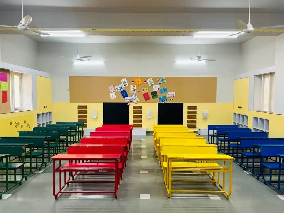 JH Ambani School interiors, school interior design project, K9 Interiors education project, classroom interior design India, CBSE school interiors, institutional interior solutions, K9 Interiors portfolio, school infrastructure design