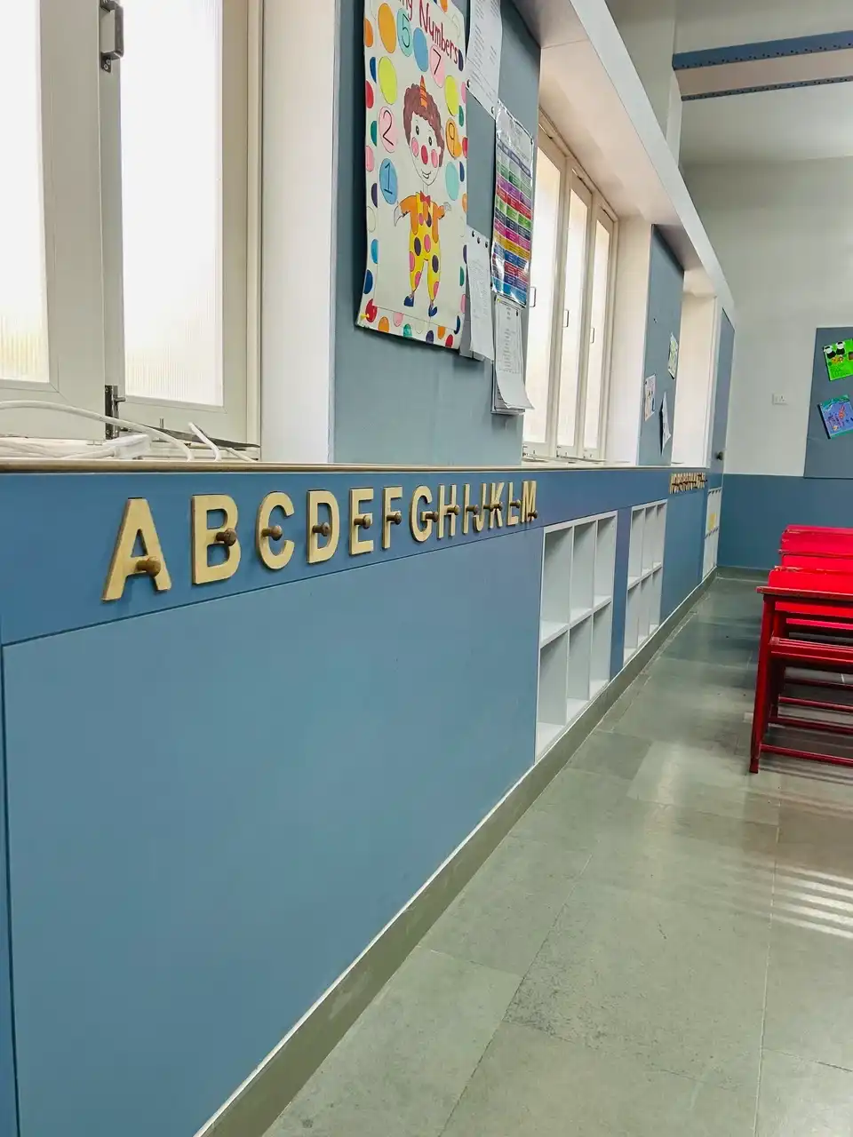 JH Ambani School interiors, school interior design project, K9 Interiors education project, classroom interior design India, CBSE school interiors, institutional interior solutions, K9 Interiors portfolio, school infrastructure design